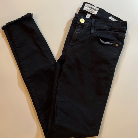 Frame Demin Mid Rise Le Skinny de Jeanne Distressed Black Denim Jean Size 24 - Picture 1 of 15